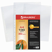 Папки-файлы перфорированные, А4, BRAUBERG, комплект 100 шт., "апельсиновая корка", 0,03 мм, 221991